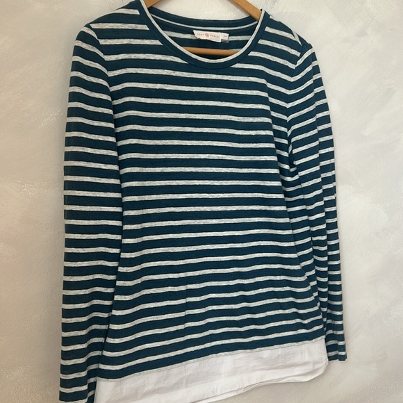 Tory Burch linen jersey pullover blue peninsula striped mixed fabric sz small - Picture 3 of 9